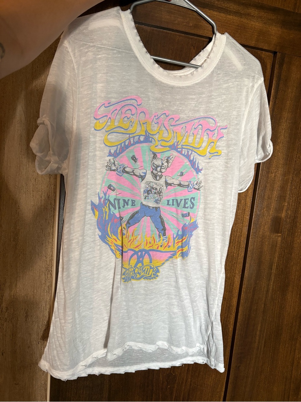 Recycled Karma White Short Sleeve Tee with Pink, Yellow & Blue Graphic